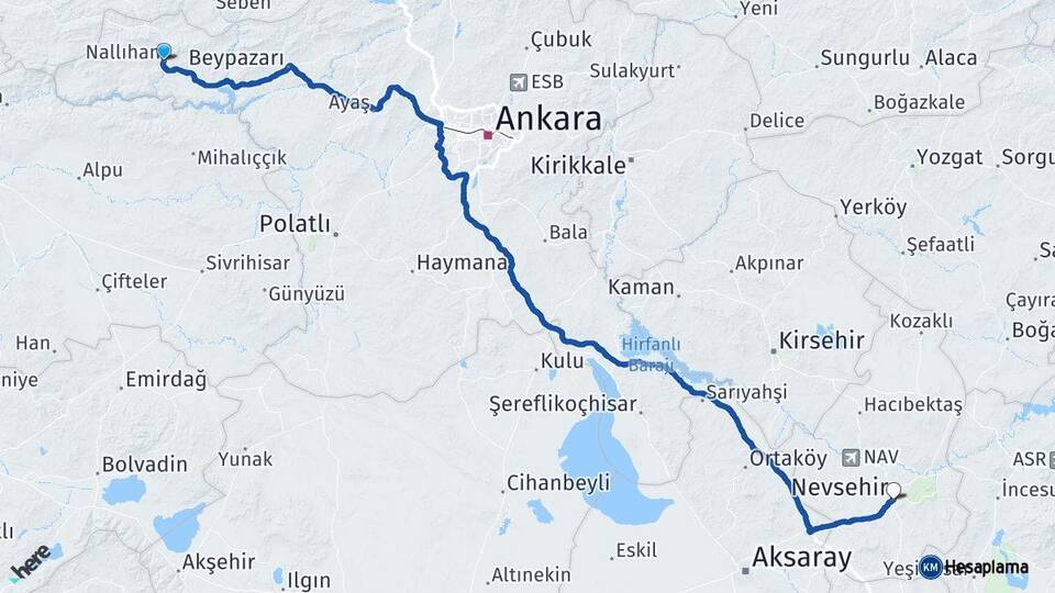 Ankara Nallıhan Nevşehir Arası Kaç Km - Yol Haritası