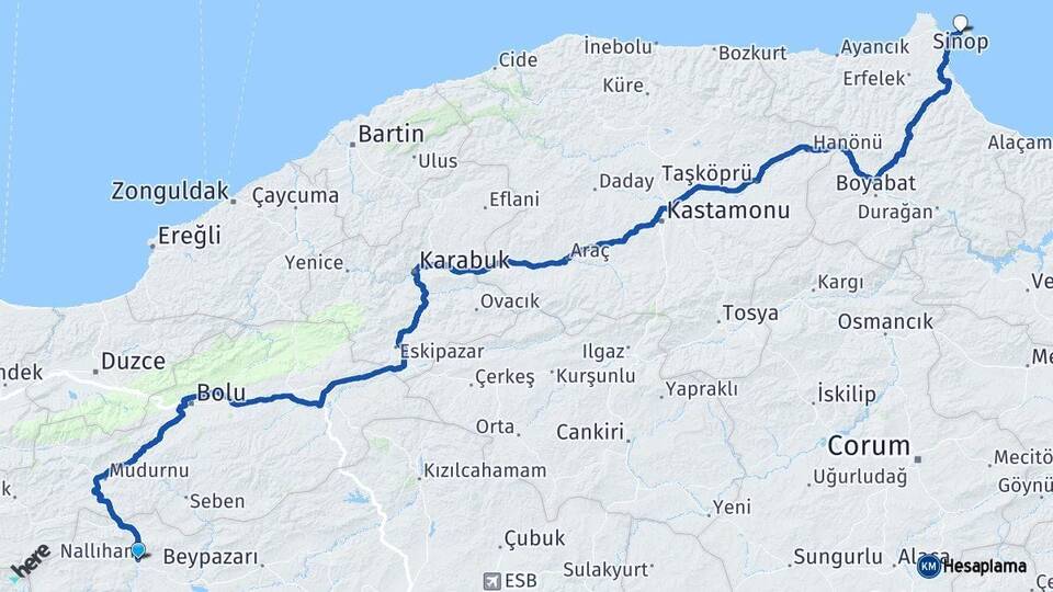Ankara Nallıhan Sinop Arası Kaç Km - Yol Haritası