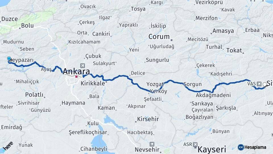 Ankara Nallıhan Sivas Arası Kaç Km - Yol Haritası
