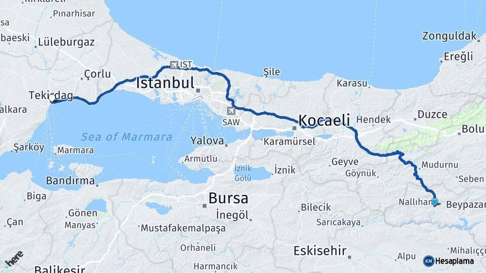 Ankara Nallıhan Tekirdağ Arası Kaç Km - Yol Haritası