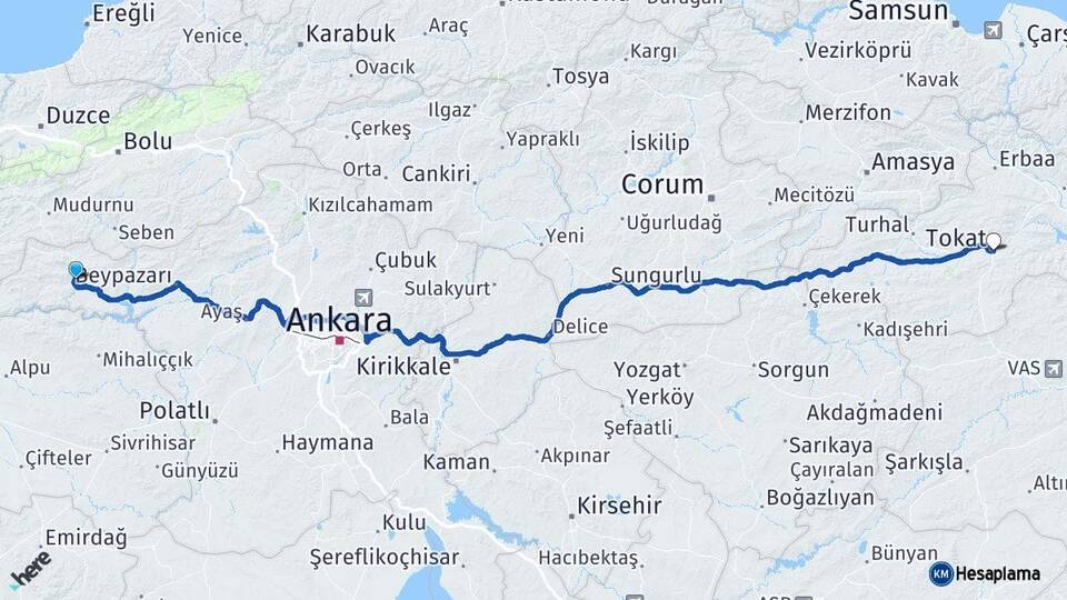 Ankara Nallıhan Tokat Arası Kaç Km - Yol Haritası