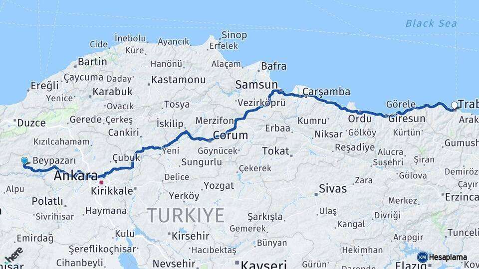 Ankara Nallıhan Trabzon Arası Kaç Km - Yol Haritası