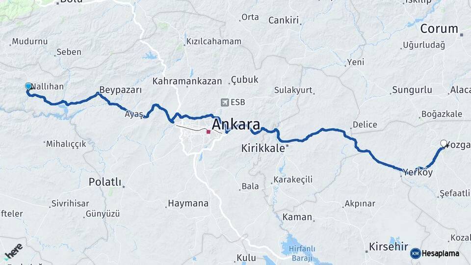 Ankara Nallıhan Yozgat Arası Kaç Km - Yol Haritası