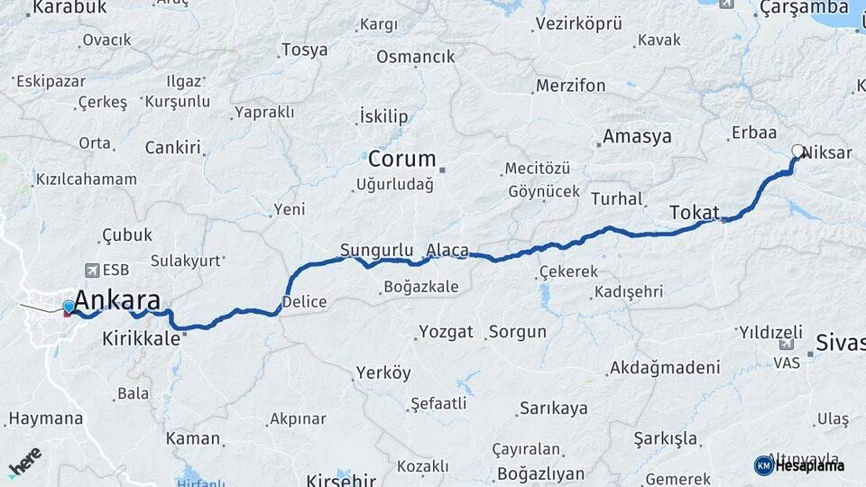 Ankara Niksar Tokat Arası Kaç Km - Yol Haritası