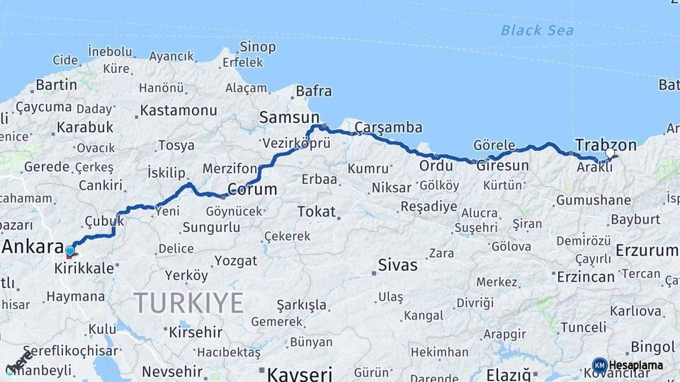 Ankara Of Trabzon Arası Kaç Km - Yol Haritası