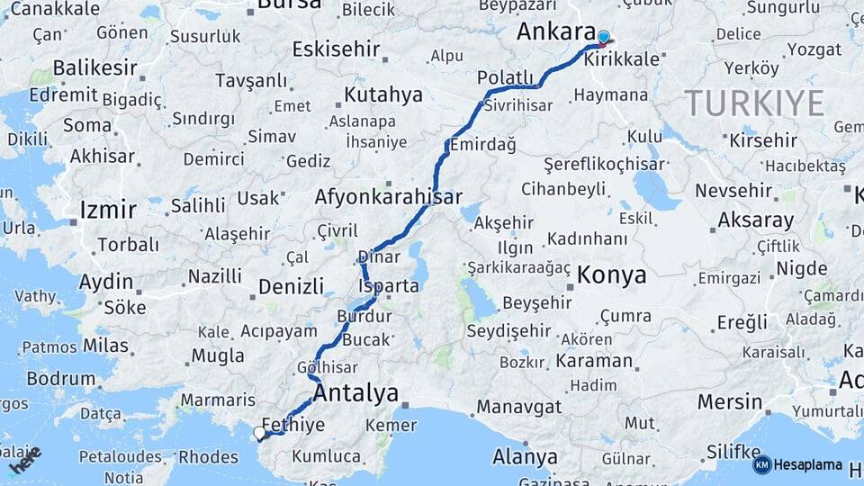 Ankara Ölüdeniz Fethiye Muğla Arası Kaç Km - Yol Haritası