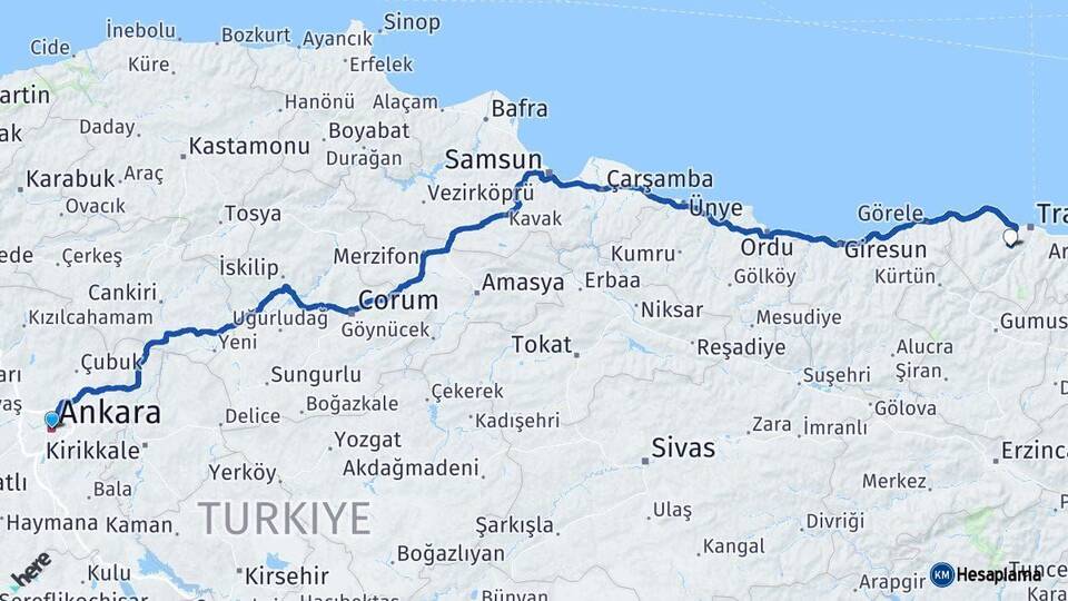 Ankara Ortahisar Trabzon Arası Kaç Km - Yol Haritası