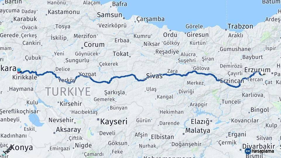 Ankara Palandöken Erzurum Arası Kaç Km - Yol Haritası