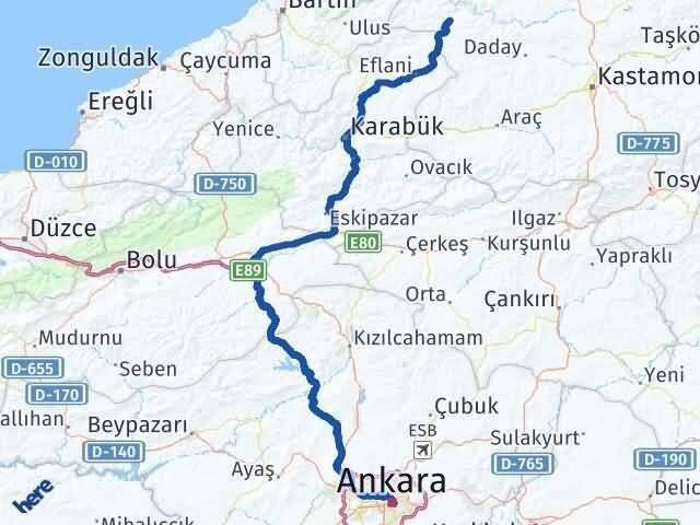 Ankara Pınarbaşı Kastamonu Arası Kaç Km - Yol Haritası