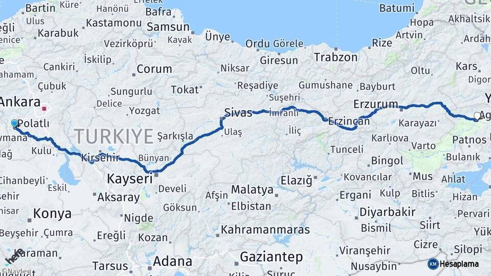 Ankara Polatlı Ağrı Arası Kaç Km - Yol Haritası