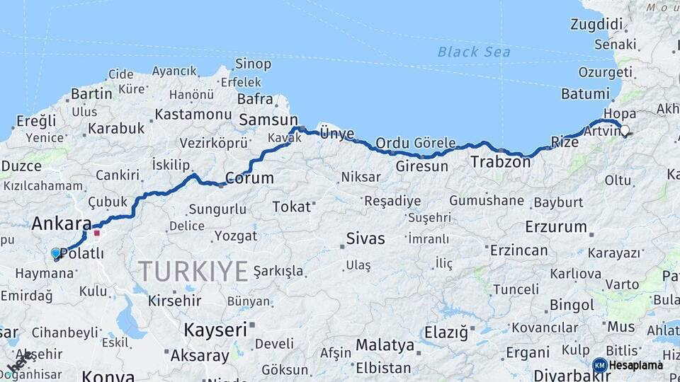 Ankara Polatlı Artvin Arası Kaç Km - Yol Haritası