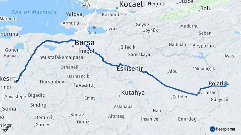 Ankara Polatlı Balıkesir Arası Kaç Km - Yol Haritası