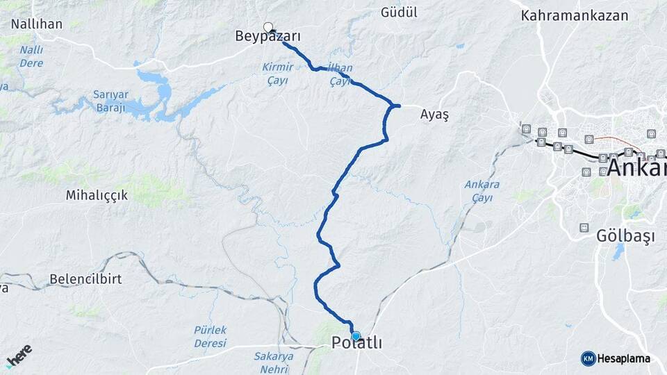 Ankara Polatlı Beypazarı Arası Kaç Km - Yol Haritası