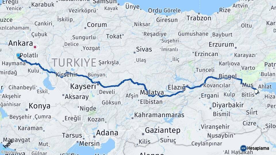 Ankara Polatlı Bitlis Arası Kaç Km - Yol Haritası