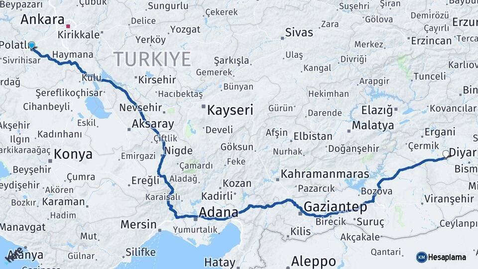 Ankara Polatlı Diyarbakır Arası Kaç Km - Yol Haritası