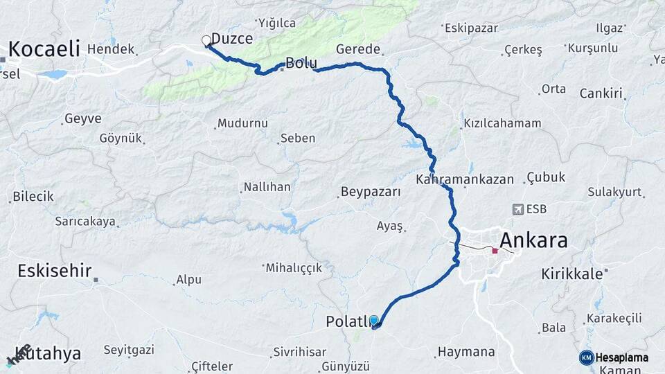 Ankara Polatlı Düzce Arası Kaç Km - Yol Haritası