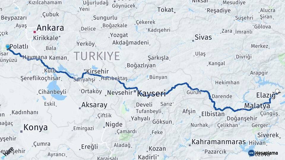 Ankara Polatlı Elazığ Arası Kaç Km - Yol Haritası