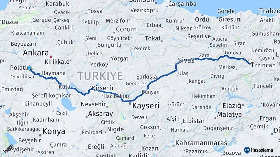 Ankara Polatlı Erzincan Arası Kaç Km - Yol Haritası