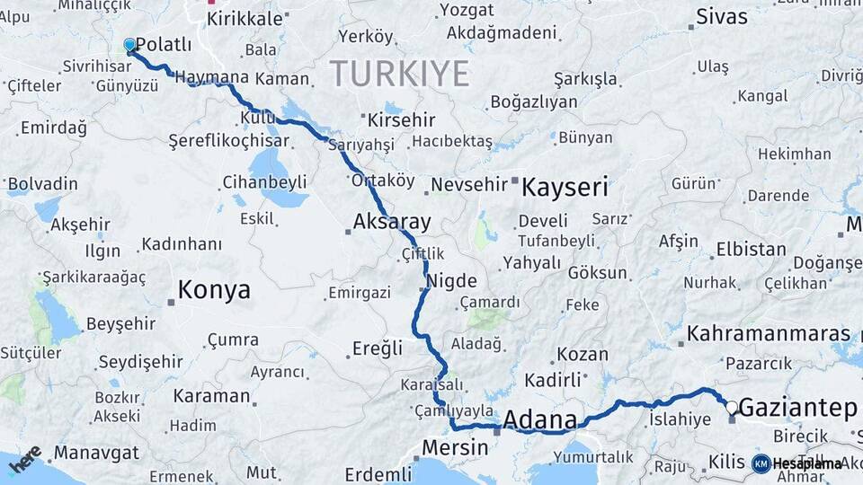 Ankara Polatlı Gaziantep Arası Kaç Km - Yol Haritası