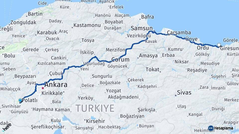 Ankara Polatlı Giresun Arası Kaç Km - Yol Haritası