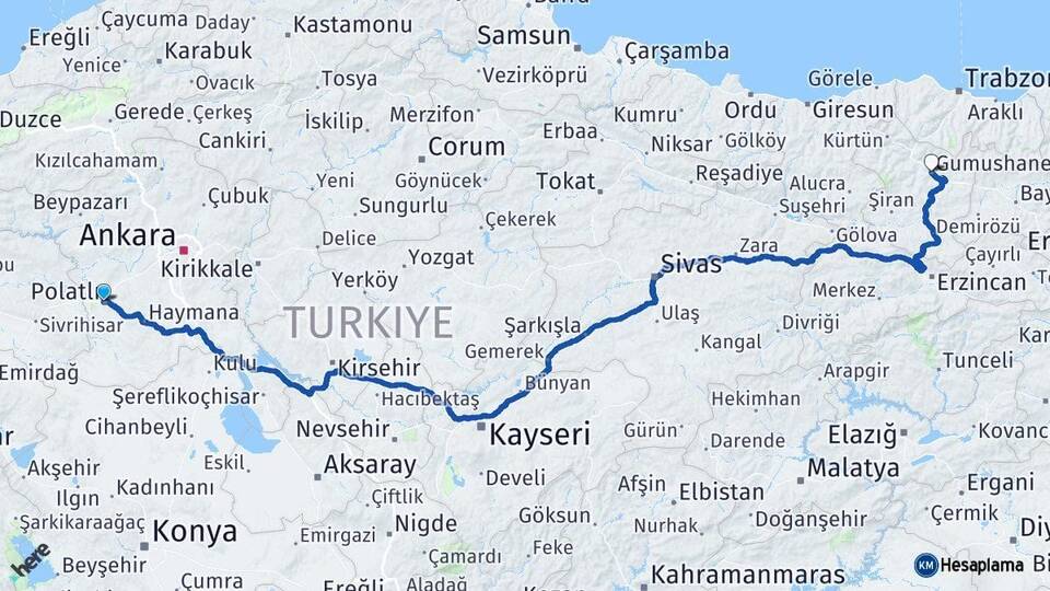 Ankara Polatlı Gümüşhane Arası Kaç Km - Yol Haritası