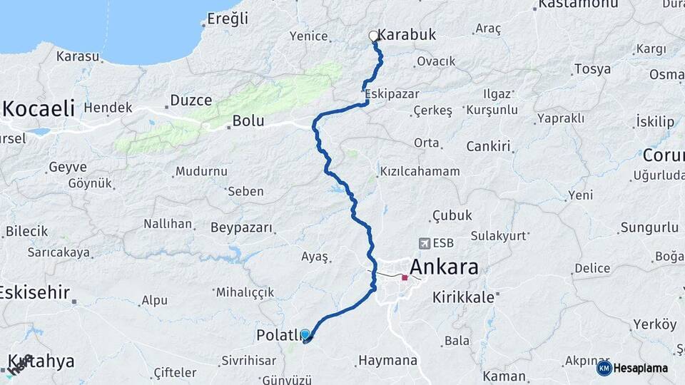 Ankara Polatlı Karabük Arası Kaç Km - Yol Haritası