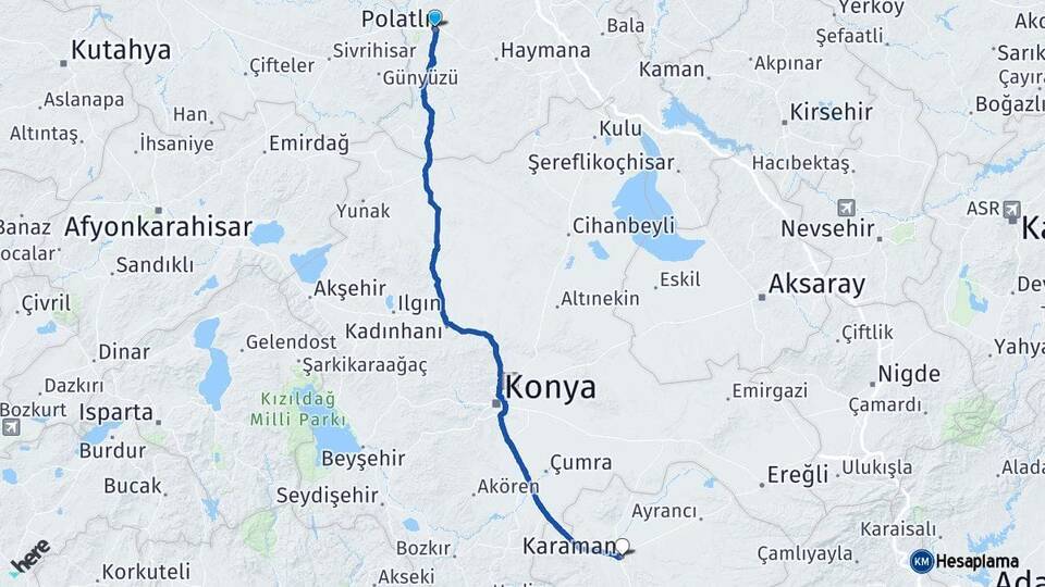 Ankara Polatlı Karaman Arası Kaç Km - Yol Haritası