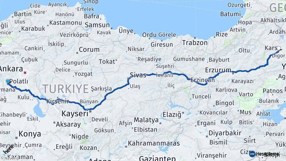 Ankara Polatlı Kars Arası Kaç Km - Yol Haritası