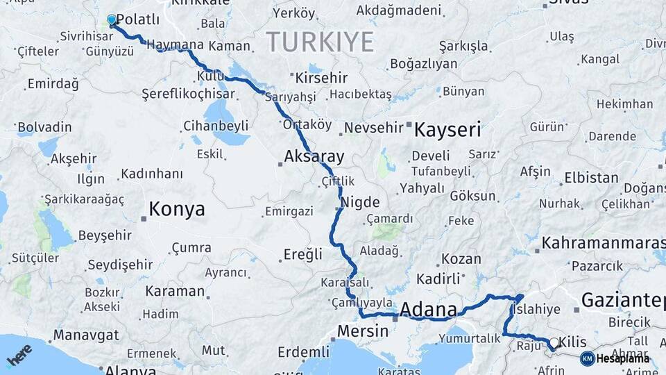 Ankara Polatlı Kilis Arası Kaç Km - Yol Haritası
