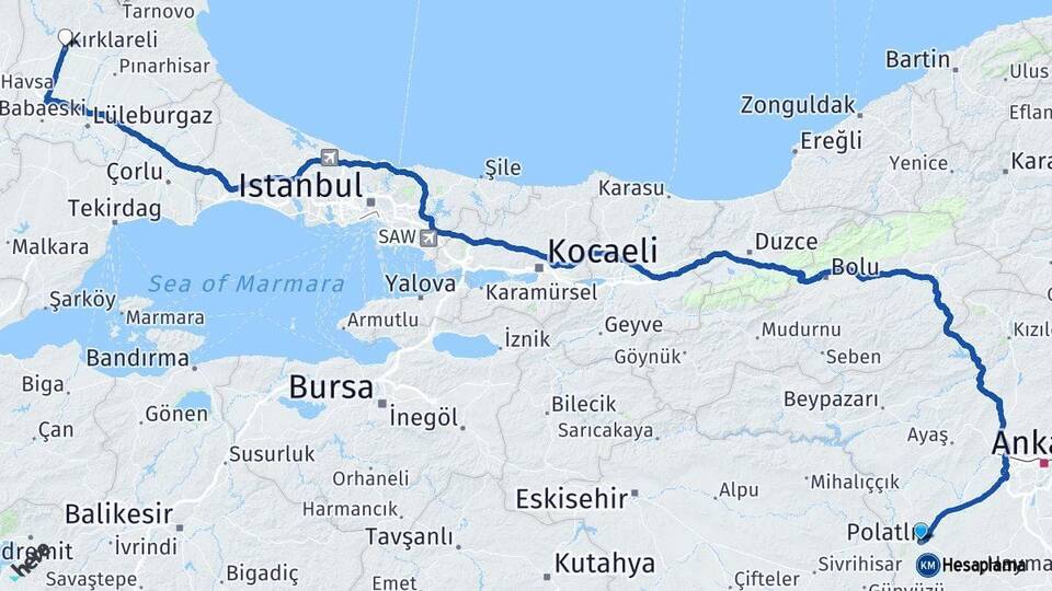 Ankara Polatlı Kırklareli Arası Kaç Km - Yol Haritası