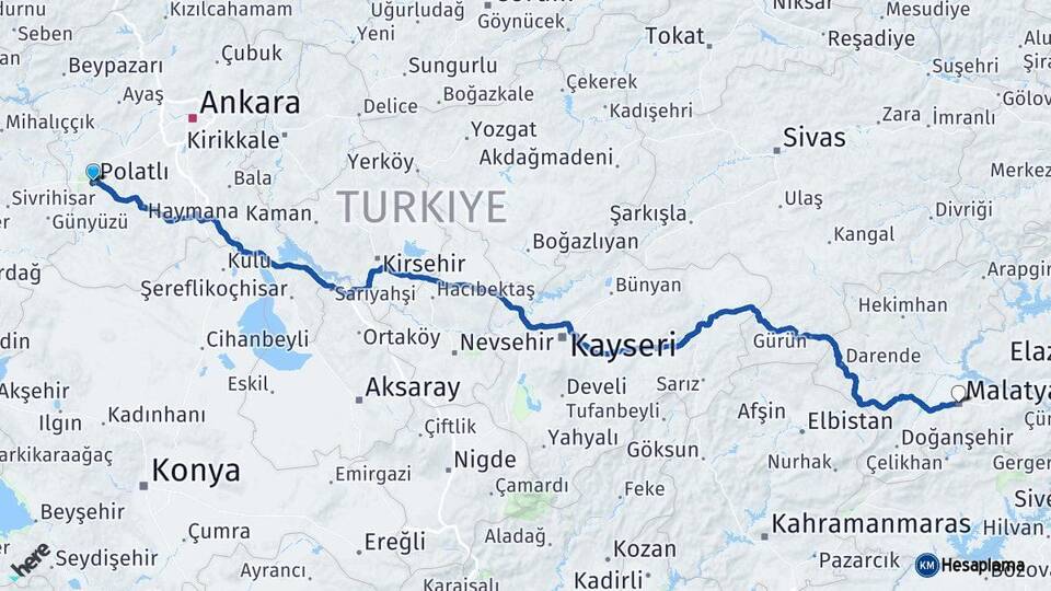 Ankara Polatlı Malatya Arası Kaç Km - Yol Haritası