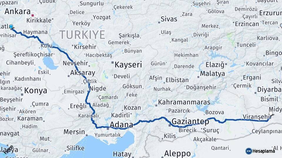Ankara Polatlı Mardin Arası Kaç Km - Yol Haritası