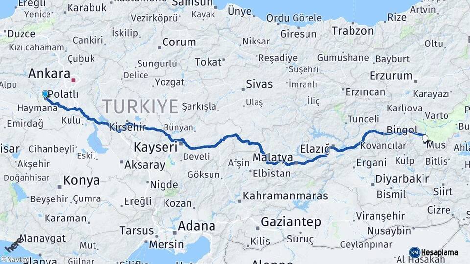 Ankara Polatlı Muş Arası Kaç Km - Yol Haritası