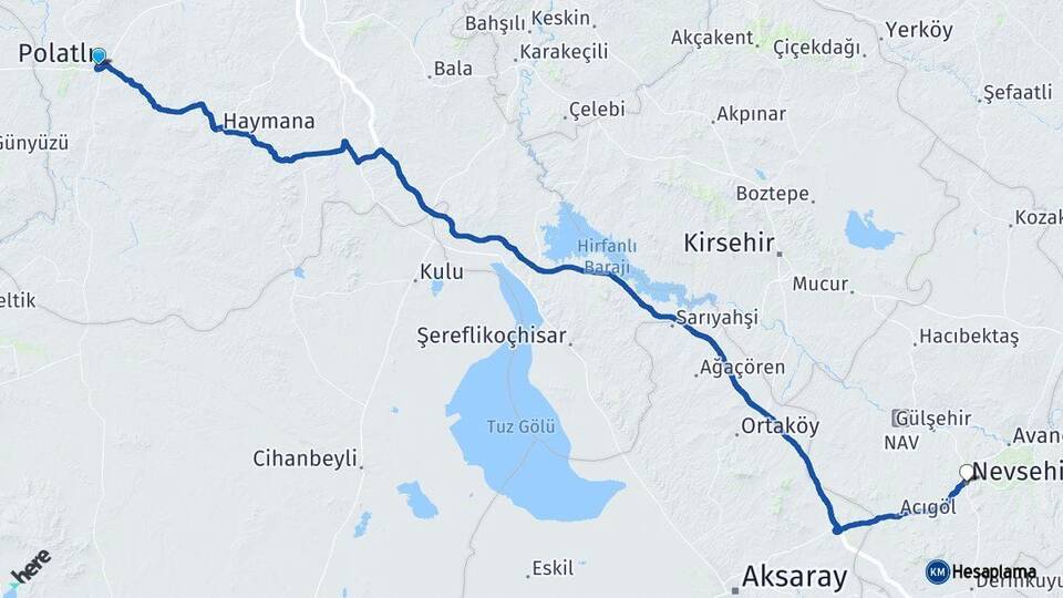 Ankara Polatlı Nevşehir Arası Kaç Km - Yol Haritası