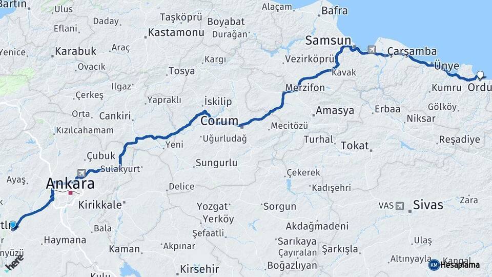 Ankara Polatlı Ordu Arası Kaç Km - Yol Haritası