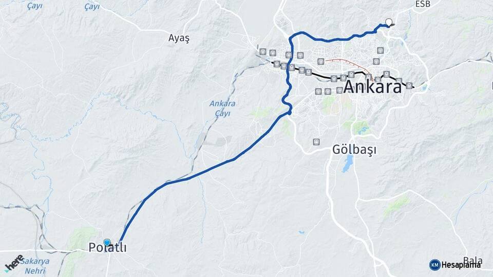 Ankara Polatlı Pursaklar Arası Kaç Km - Yol Haritası