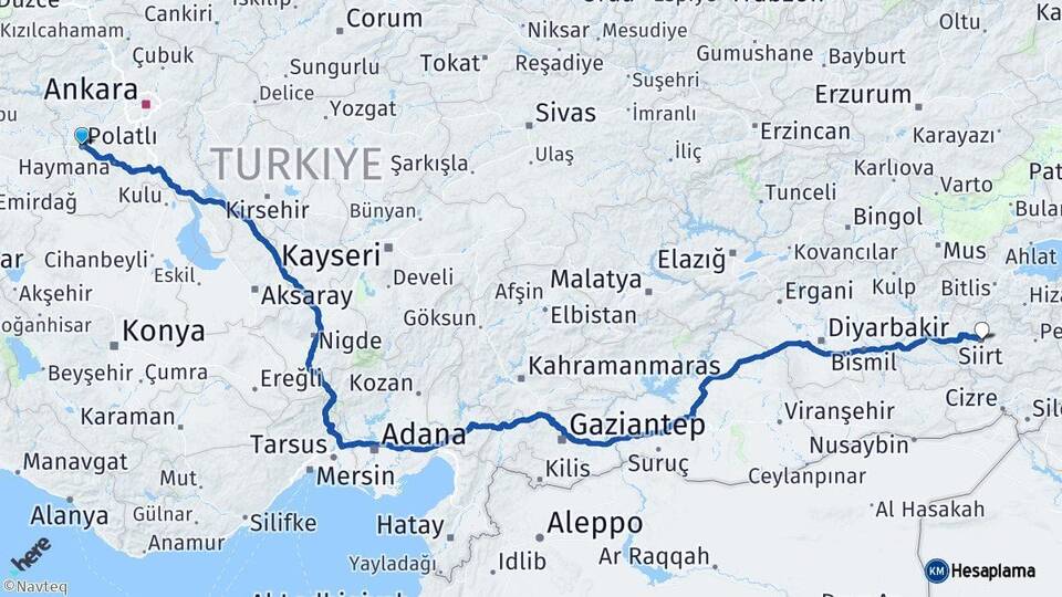 Ankara Polatlı Siirt Arası Kaç Km - Yol Haritası