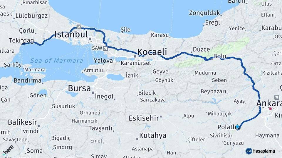 Ankara Polatlı Tekirdağ Arası Kaç Km - Yol Haritası