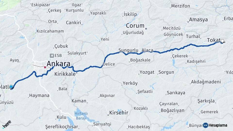 Ankara Polatlı Tokat Arası Kaç Km - Yol Haritası