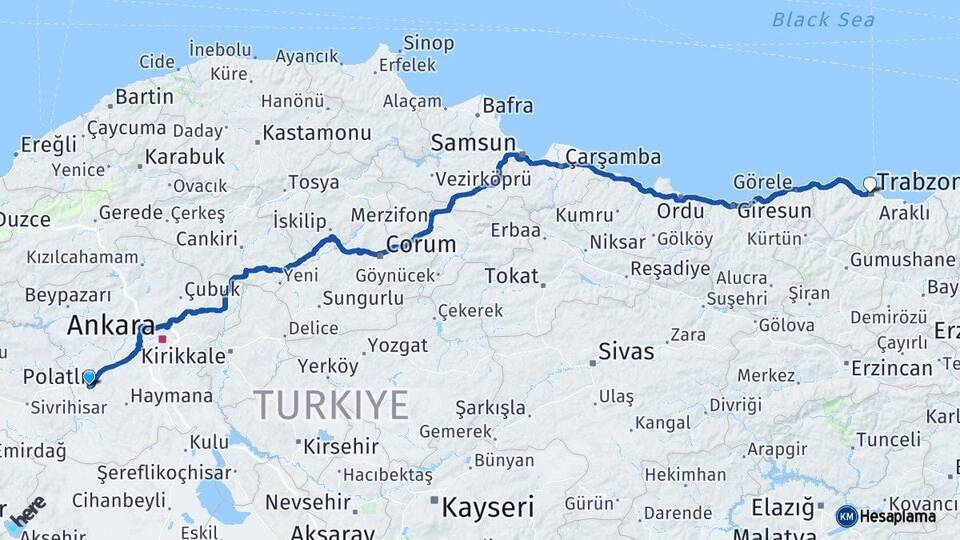 Ankara Polatlı Trabzon Arası Kaç Km - Yol Haritası