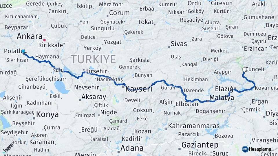 Ankara Polatlı Tunceli Arası Kaç Km - Yol Haritası