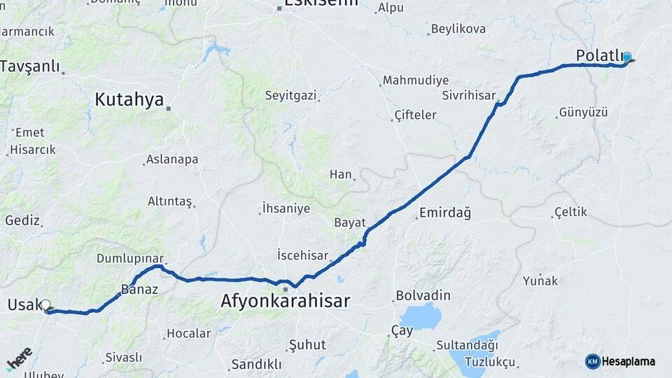 Ankara Polatlı Uşak Arası Kaç Km - Yol Haritası