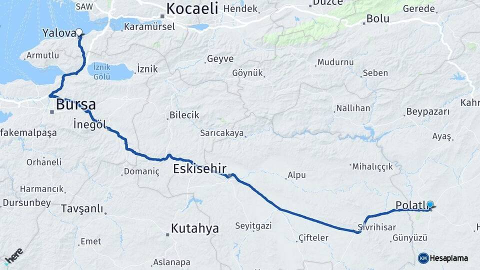 Ankara Polatlı Yalova Arası Kaç Km - Yol Haritası