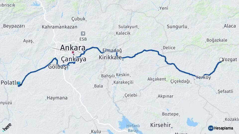Ankara Polatlı Yozgat Arası Kaç Km - Yol Haritası