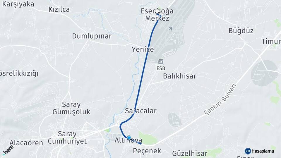 Ankara Pursaklar Altınova Esenboğa Çubuk Arası Kaç Km - Yol Haritası