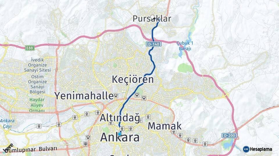 Ankara Pursaklar Arası Kaç Km - Yol Haritası
