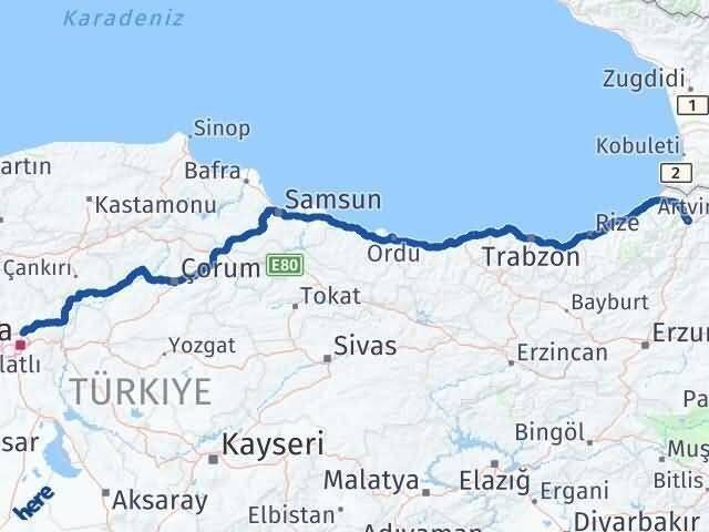 Pursaklar Artvin Arası Kaç Km - Yol Tarifi