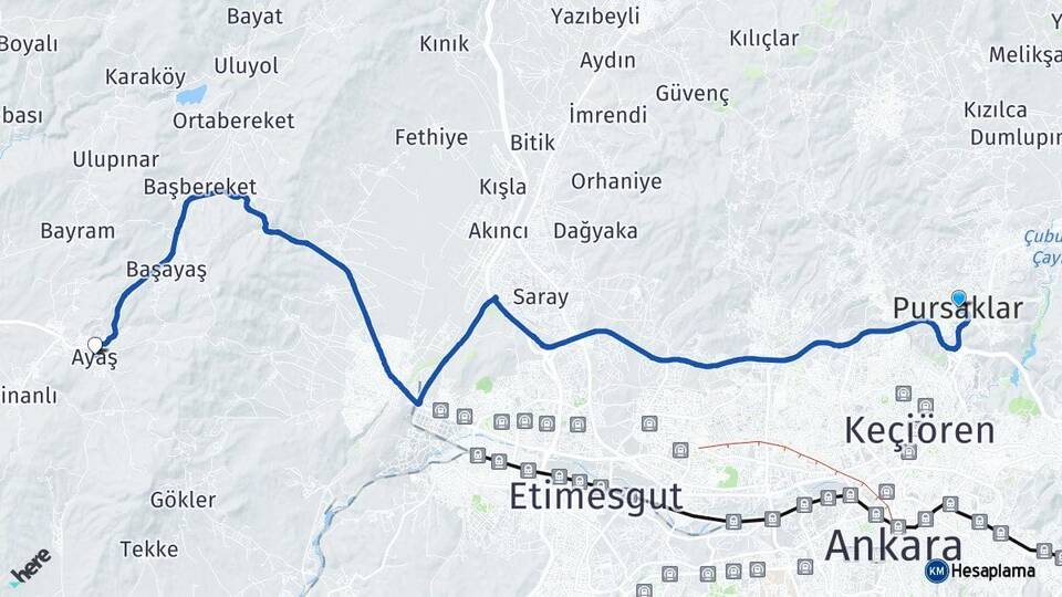 Ankara Pursaklar Ayaş Arası Kaç Km - Yol Haritası