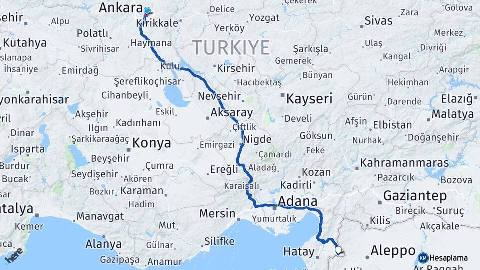 Ankara Reyhanlı Hatay Arası Kaç Km - Yol Haritası