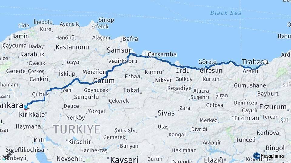 Ankara Rize Arası Kaç Km - Yol Haritası